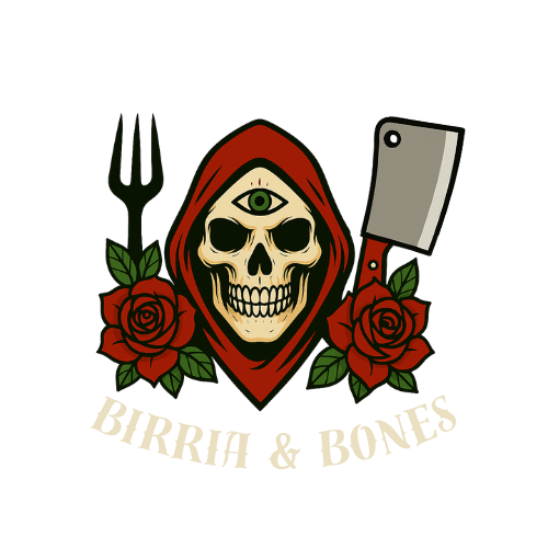 Tattoo-style skull in a red hood with roses, flanked by a pitchfork and a cleaver on a black background.