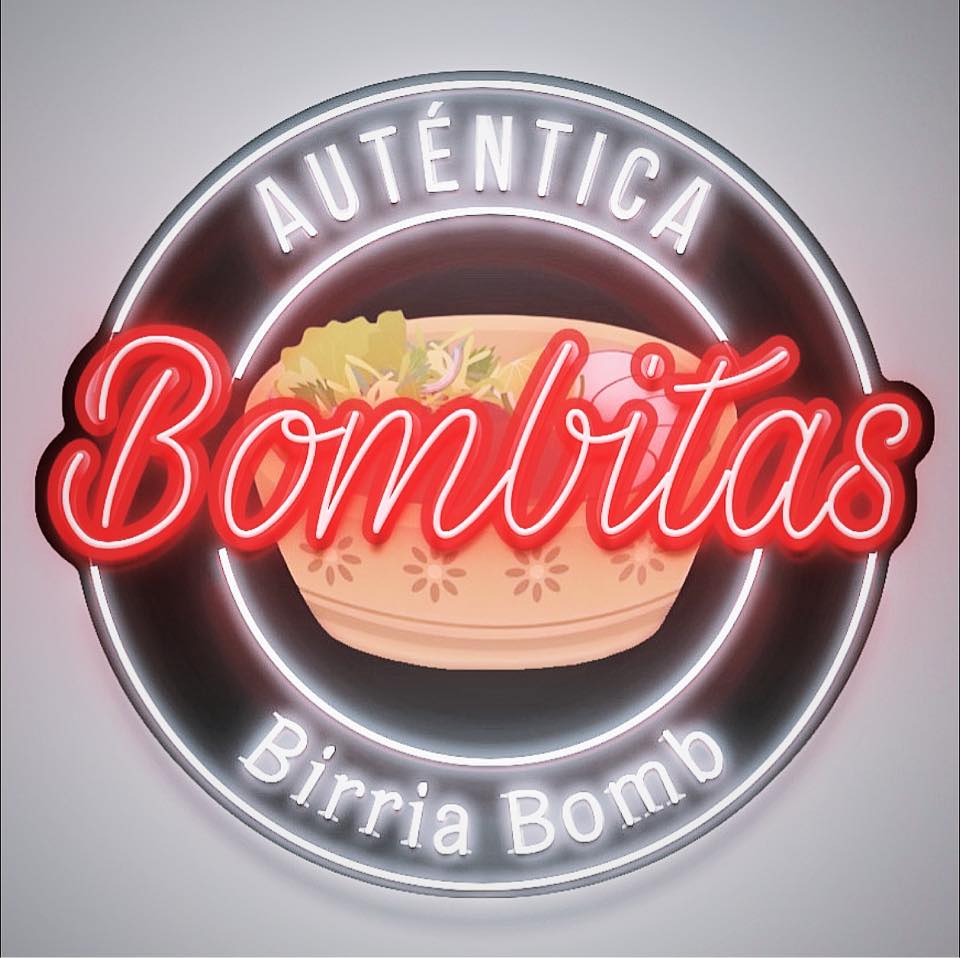 Neon circular logo: 'Auténtica Bombitas' with a bowl of birria center and 'Birria Bomb' at the bottom.