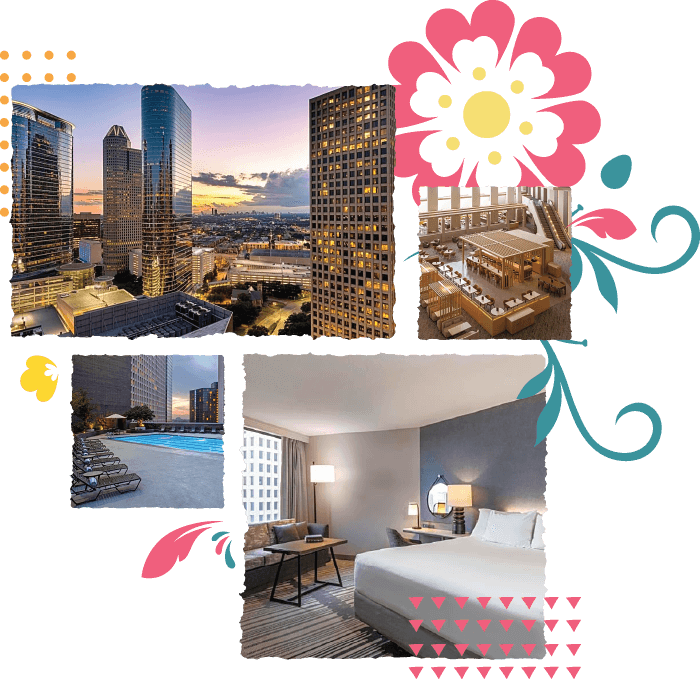 Collage showing a city skyline hotel with tall buildings, a rooftop pool area, and a modern hotel room, framed by colorful decorative flowers and swirls.