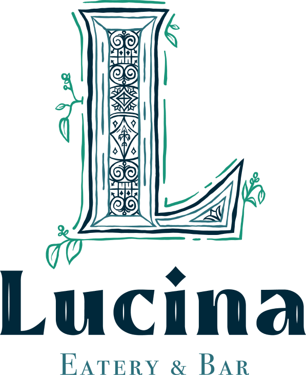 Logo for Lucina Eatery & Bar with a decorative teal-and-navy ornate 'L' above the word Lucina in a serif font